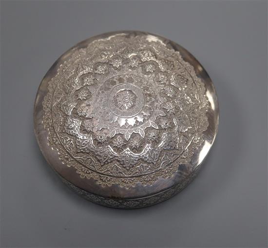 A Persian engraved white metal lidded box, 110 grams